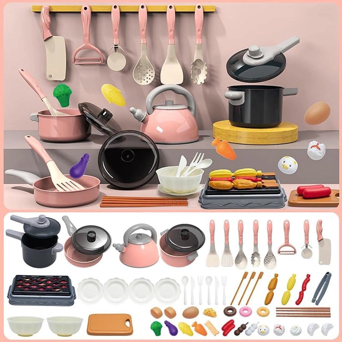 casalora - 61-delige set speelgoedaccessoires voor kinderen - speelkeuken met BBQ-kookset - Met potten en pannen, kookgerei, speelgoedgroenten etc - voor meisjes en jongens - Roze