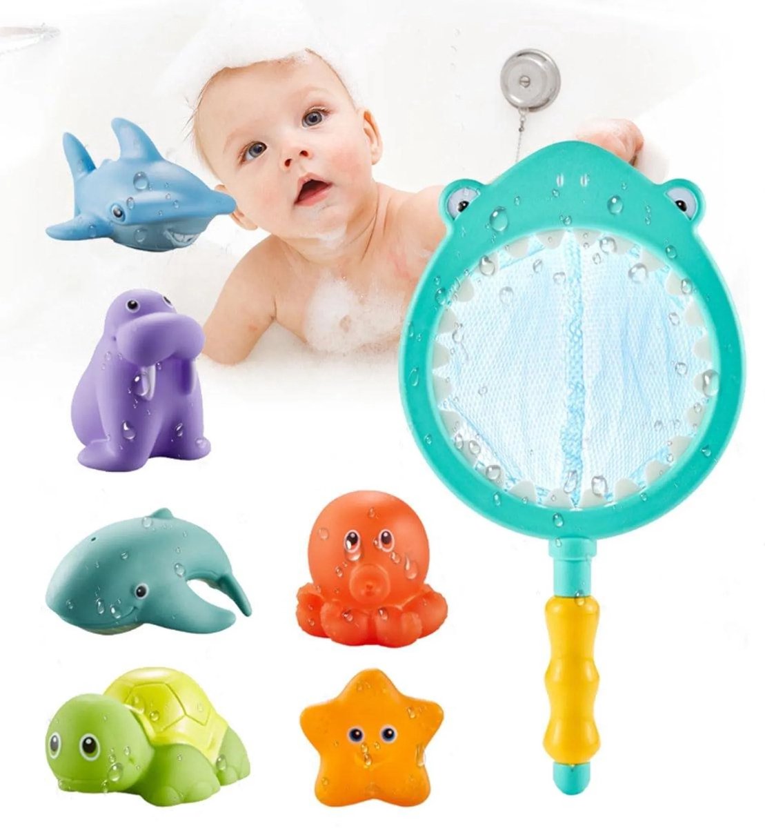 casalora - 7-delige set babybadspeelgoed voor peuters en kleuters: drijvende dieren met waterspuitfunctie, haai, vissen, strandspeelgoed, zwembadspeelgoed voor baby's en kinderen vanaf 3 jaar