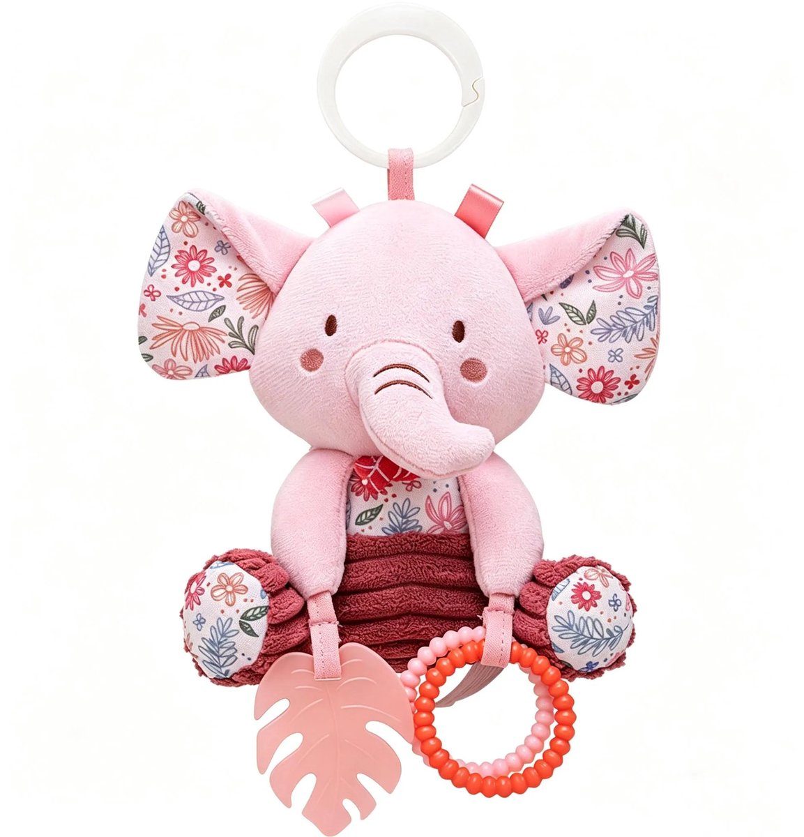 Zacht roze olifant baby pluchen speelgoed - Wagenhanger sensorische rammelaar met bijtring, BPA-vrij, cadeau voor pasgeborenen met muziekdoos en kraakpapier