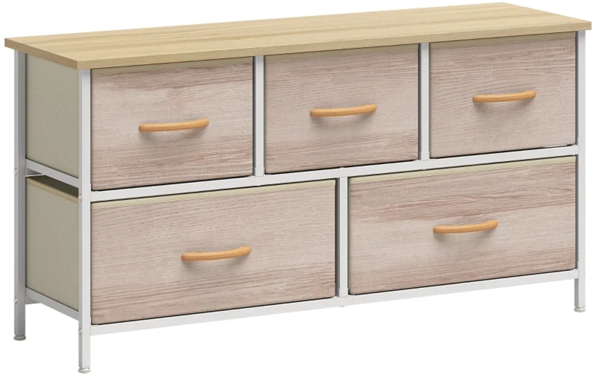 Dressoir - Ladekast Met 5 Laden - Stoffen Ladekast Met Metalen Frame En Houten Afwerking - Natuurlijk Hout En Wit