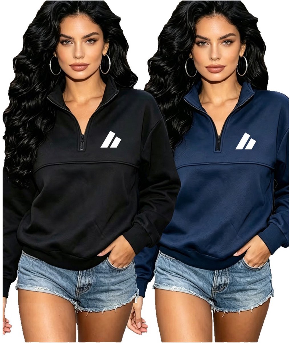 Currero Quarter Zip Dames Sweater Met Rits Jumper Quarterzip Hoodie Warme Trui Vest Lang Coltrui + Donkerblauw Zwart