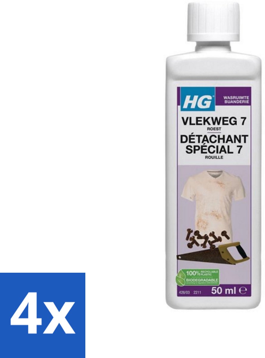 4 x HG - Wasruimte - Vlekweg 7 - Roest - 50 ml - Roestvlekken Verwijderen - Vlekkenverwijderaar - Textiel Reiniging - Tegels Schoonmaken - Natuursteen Reinigen