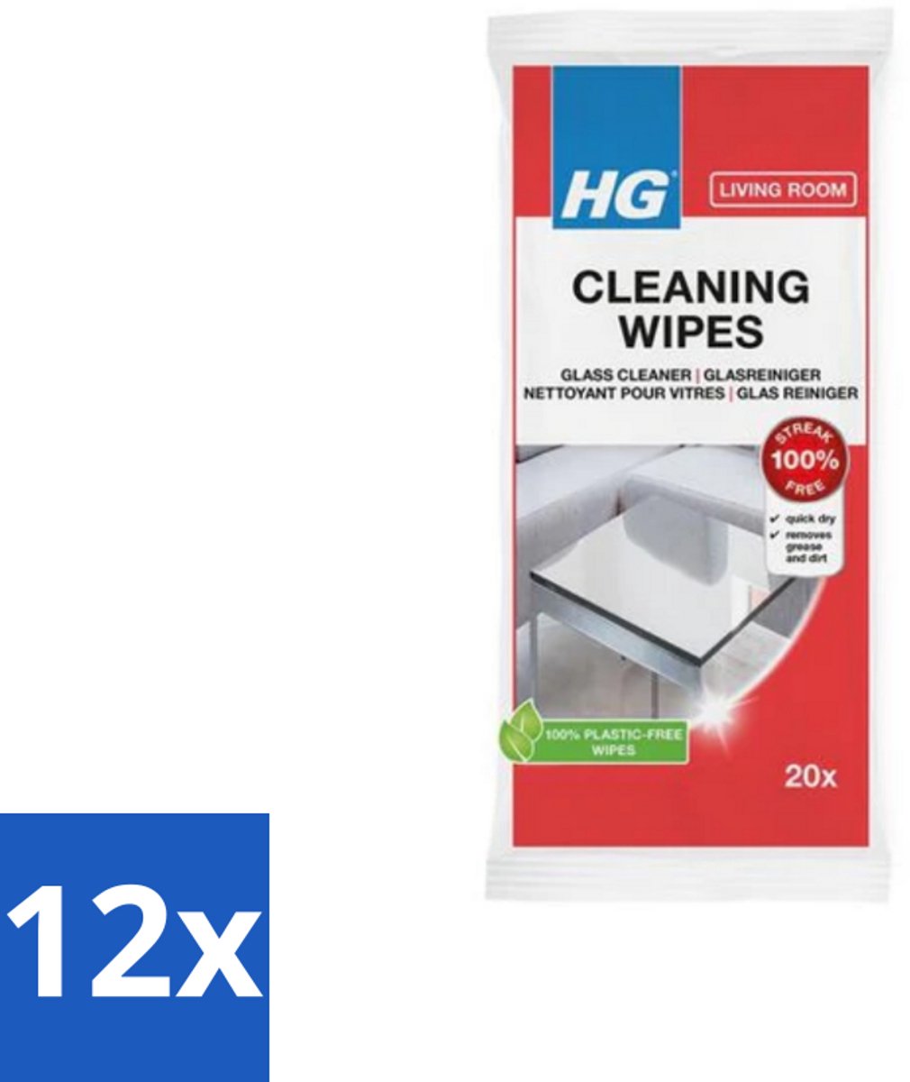 12 x HG - Woonkamer - Glasreinigingsdoekjes - Reinigt Streeploos - 20 Doekjes - Glasreiniging - Streeploos Schoon - Spiegelreiniger - Schoonmaakdoekjes - Biologisch Afbreekbaar