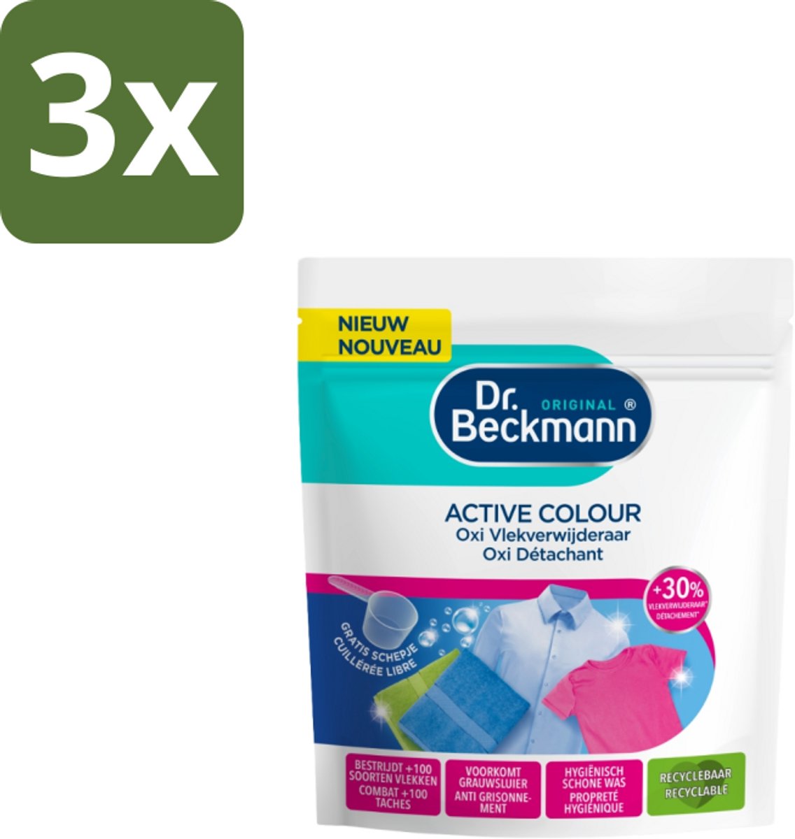 3 x Dr. Beckmann – Active Colour Oxi – Vlekverwijderaar – 400 g - Vlekverwijdering - Kleurbehoud - Oxi Poeder - Wasmiddel - Wasmachine