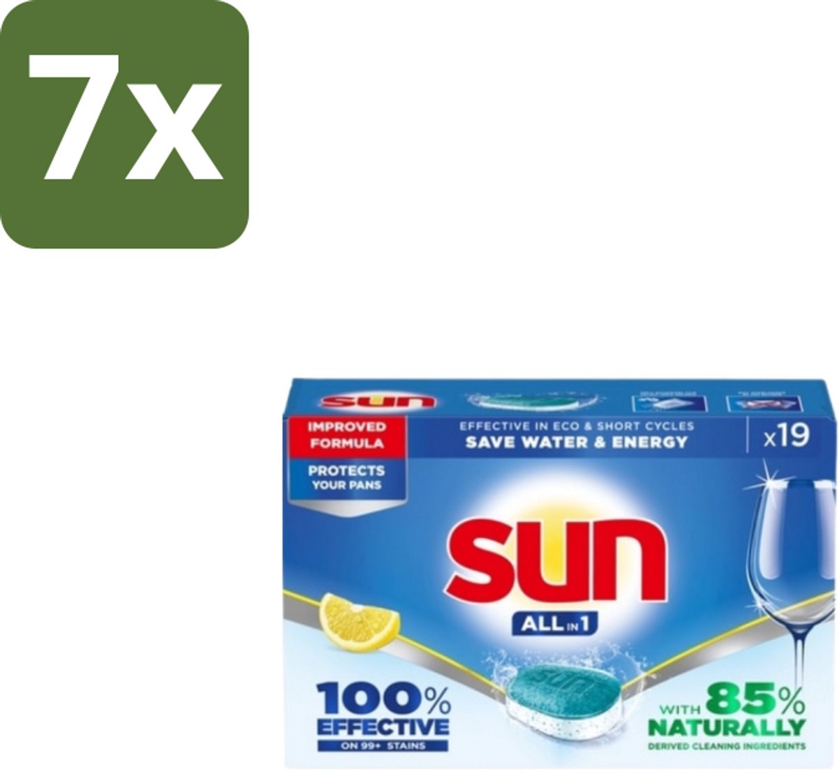 7 x Sun – Vaatwastabletten – All-in-1 Citroen – 19 tabletten - Vaatwastabletten - Citroen - Reiniging - Schone Vaat - Glans