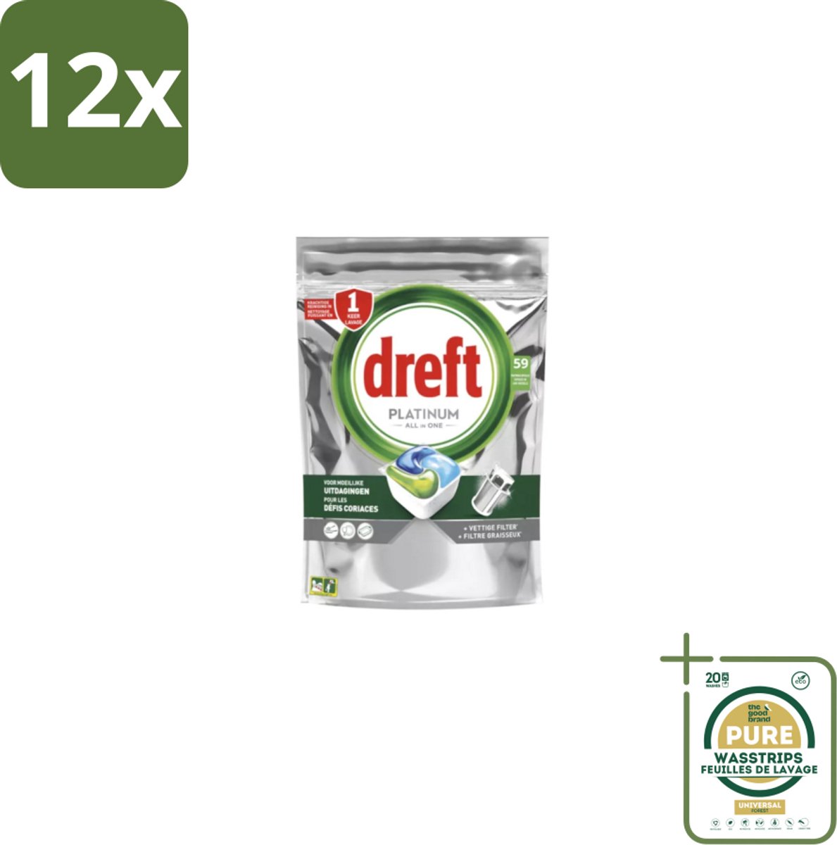 Dreft – Vaatwastabletten – Platinum All-in-One Original – 59 Tabletten - Voordeelverpakking - 12 stuks - Reiniging - Ontvetting