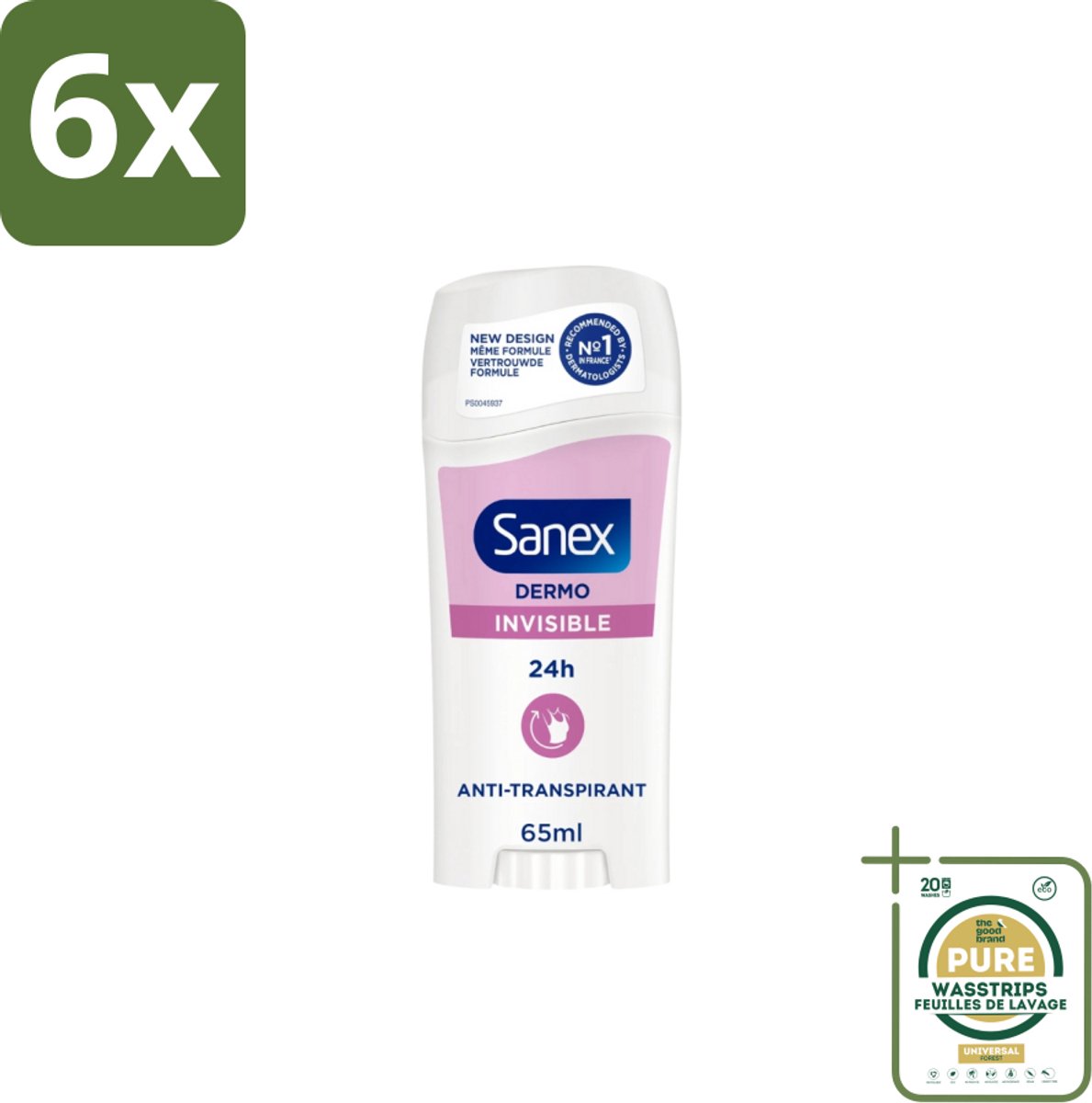 Sanex – Deodorant Stick – Dermo Invisible – 65 ml - Voordeelverpakking - 6 stuks - Onzichtbare deodorant - Huidvriendelijke deodorant