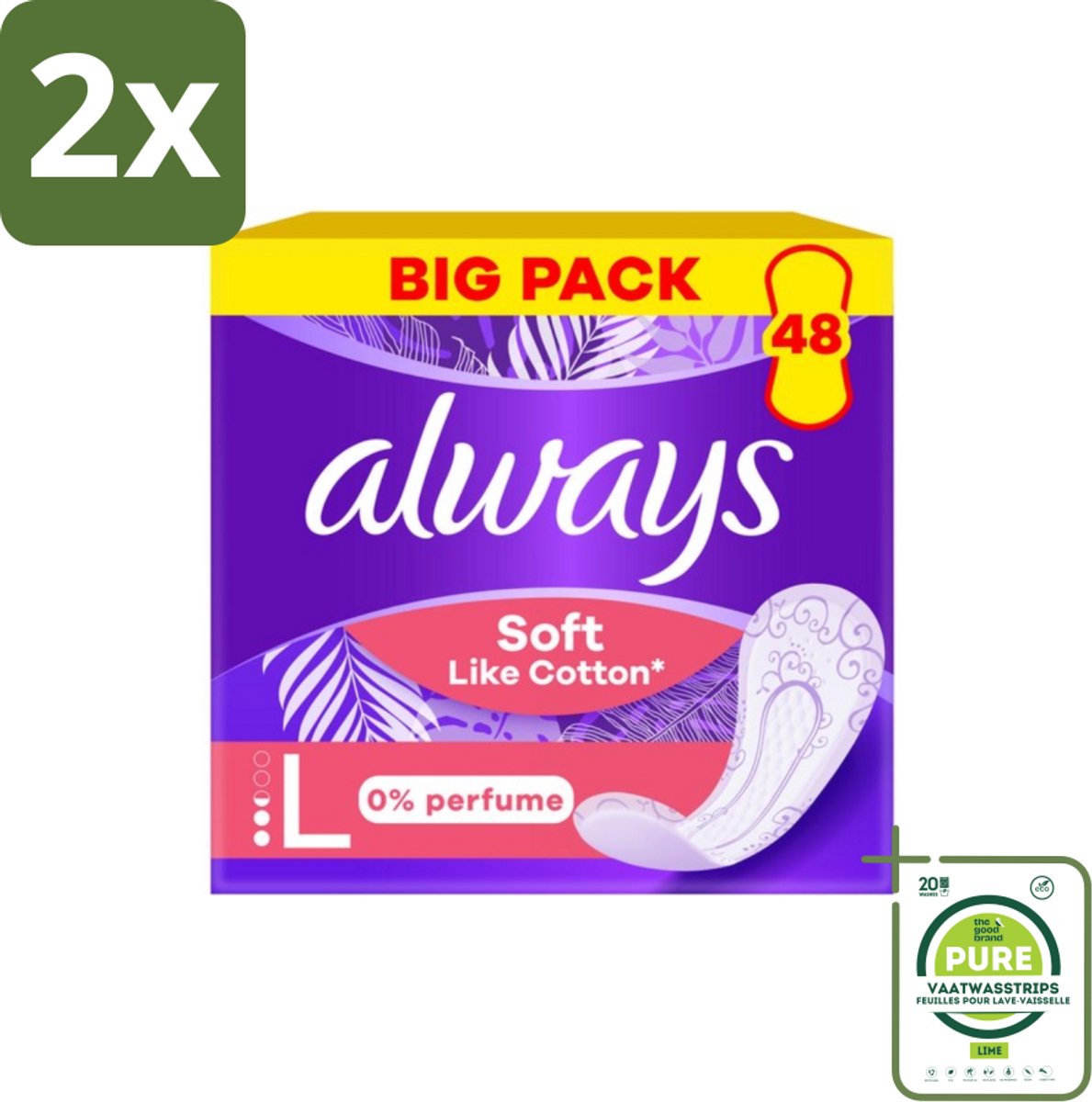 Always – Inlegkruisjes – Soft Like Cotton Long 0% Parfum – 48 Inlegkruisjes - Voordeelverpakking - 2 stuks - Inlegkruisjes - Always Soft Like Cotton