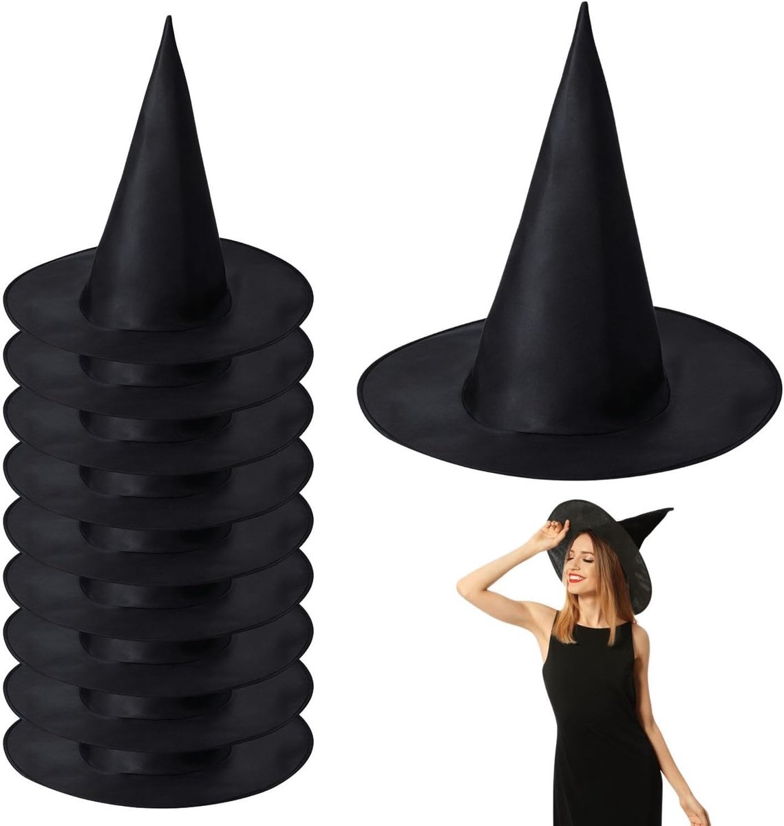 Zwarte Halloween hoed set van 10 stuks, magische accessoires voor kostuums en feestdecoratie