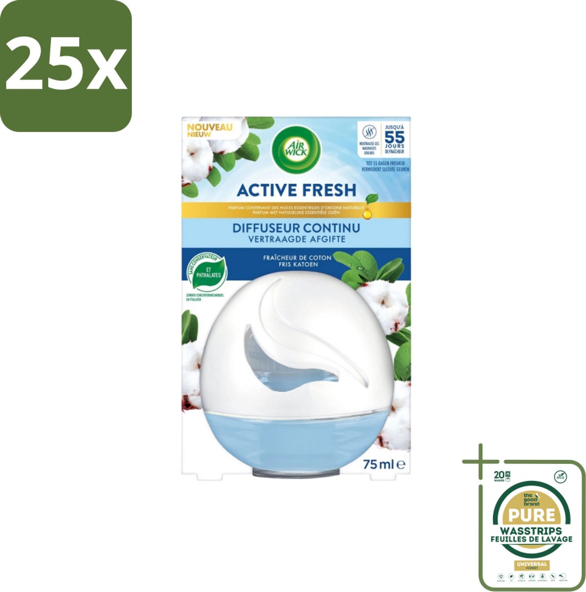 25 x Air Wick – Luchtverfrisser – Deco Sphere Katoen – 75 ml - Grootverpakking - Luchtverfrisser - Katoen Geur - Frisse Geur - Geur Neutraliseren - Geur In Badkamer