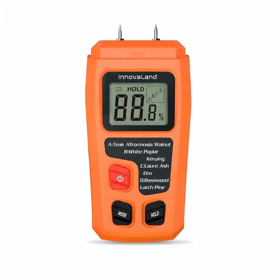 Oranje Innovaland vochtmeter met twee metalen meetpinnen aan de bovenzijde en een LCD-scherm.