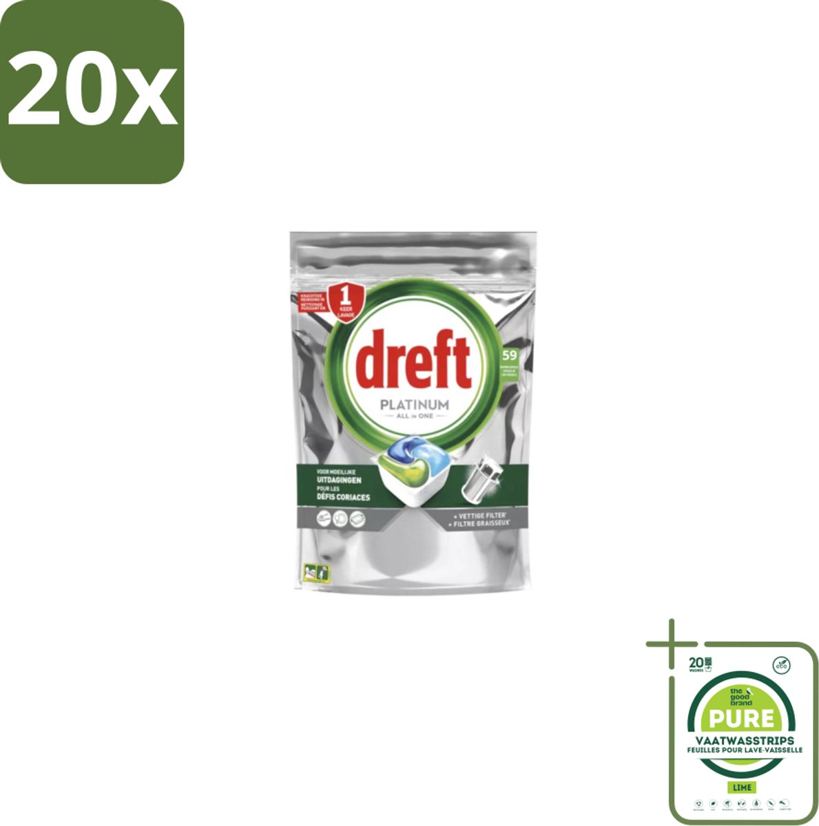 20 x Dreft – Vaatwastabletten – Platinum All-in-One Original – 59 Tabletten - Grootverpakking - Vaatwastabletten - Vaatwasser - Reiniging - Ontvetting - Zout