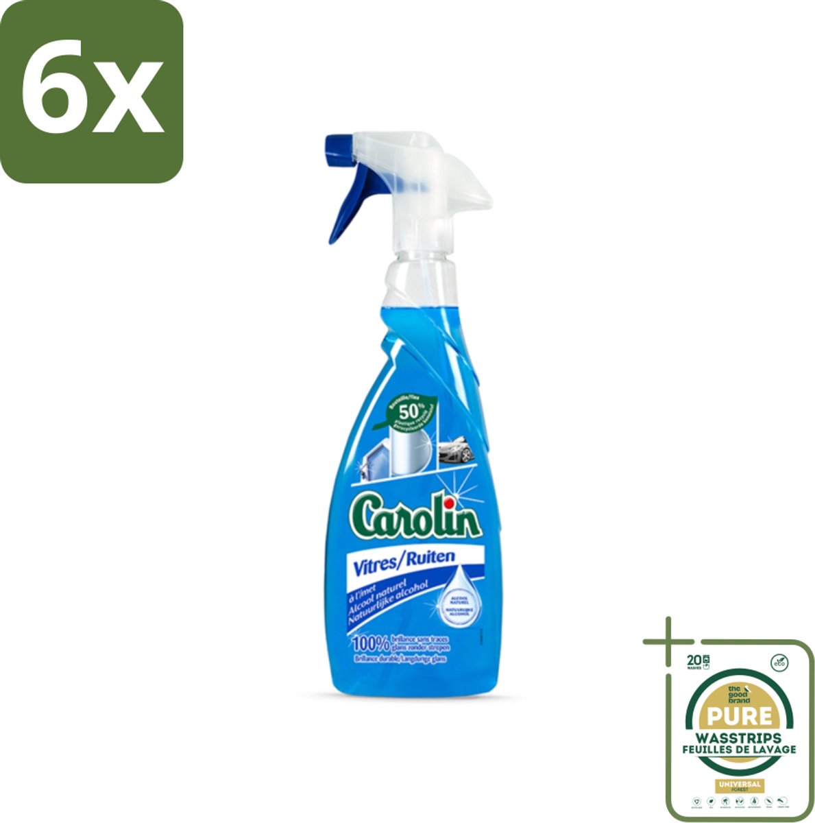 Carolin - Glas- en Ruitenreiniger - Met Natuurlijke Alcohol - 650 ml - Voordeelverpakking - 6 stuks - Streeploos - Natuurlijke reiniger