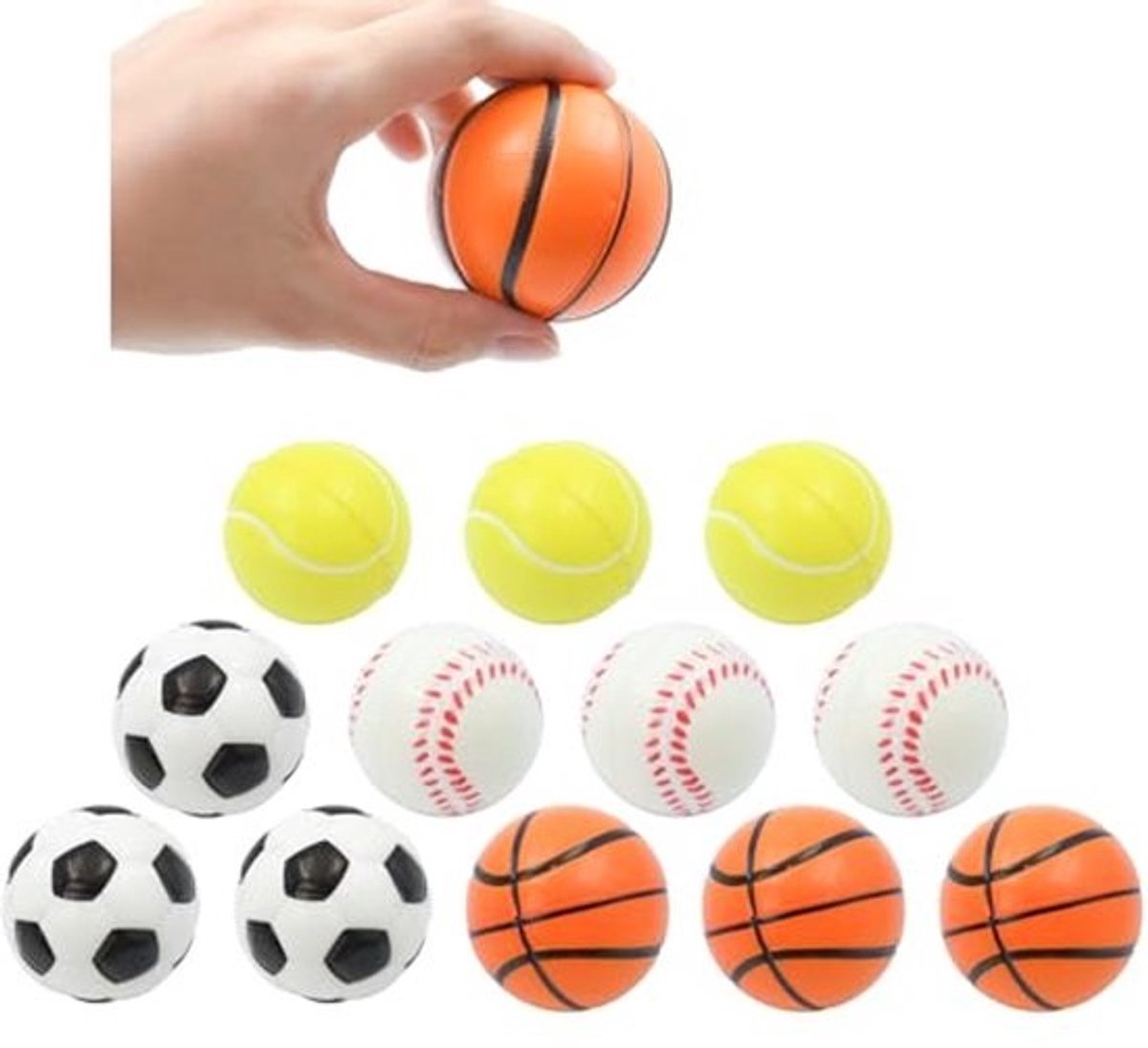 Stressballen voor Volwassenen en Kinderen - 12 Stuks Mini Sportsballen voor Stressverlichting - Voetbal, Basketbal, Tennis, Honkbal (5 cm)