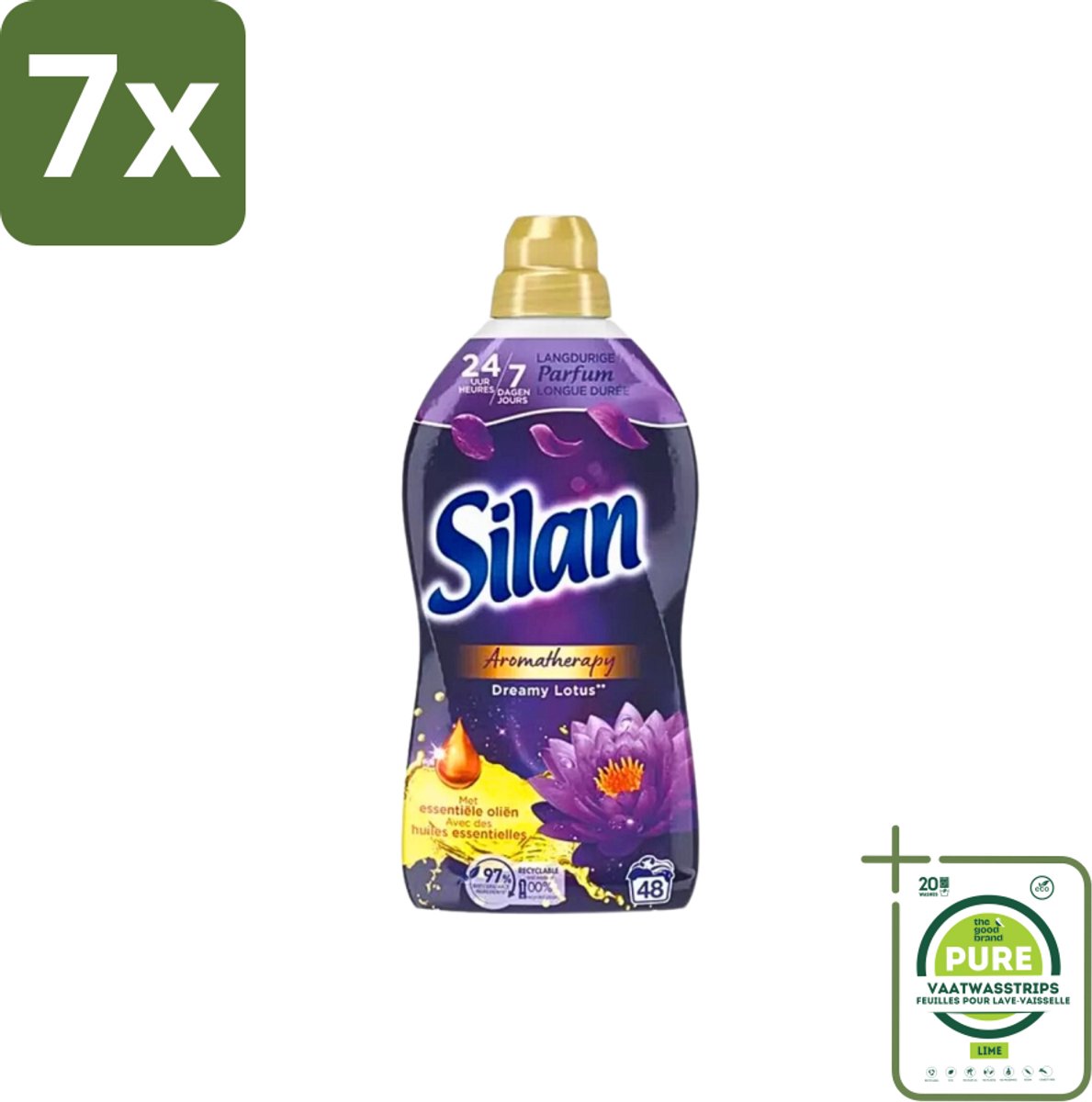 7 x Silan Aromatherapy - Wasverzachter - Dreamy Lotus - Essentiële Oliën en Langdurige Parfum - 48 Wasbeurten - 1.056L - Grootverpakking - Wasverzachter - Geur - Essentiële Oliën - Lotus - Langdurige Geur
