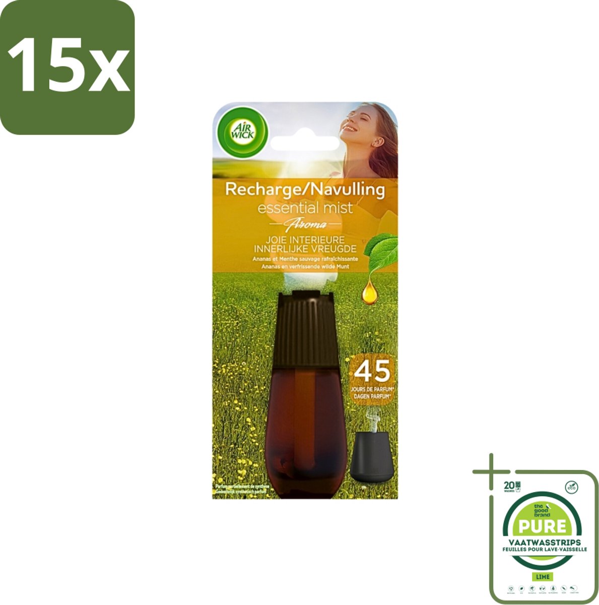 15 x Air Wick Essential Mist - Navulling - Happiness - Ananas & Wilde Munt - 20ml - Grootverpakking - Air Wick - Geurverspreider - Essentiële Oliën - Ananas - Munt