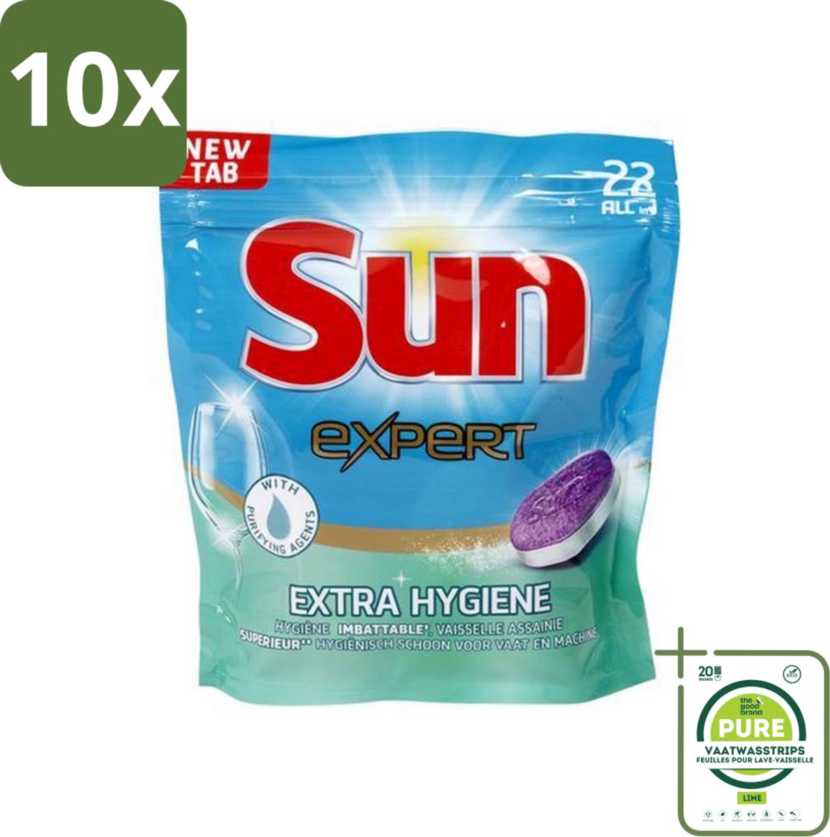 10 x Sun Expert - Extra Hygiëne - Vaatwastabletten - 22 Tabletten - Grootverpakking - Vaatwastabletten - Vaatwasser - Reiniging - Hygiëne - Kalkvrij