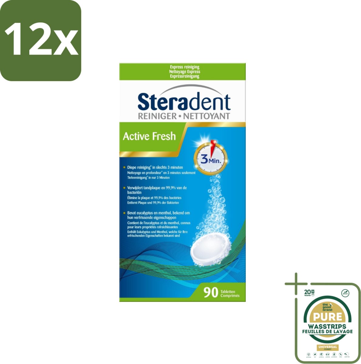 Steradent - Kunstgebitreiniger - Active Fresh - Menthol En Eucalyptus - 90 Tabletten - Voordeelverpakking - 12 stuks - Geurvrij kunstgebit - Frisse geur kunstgebit