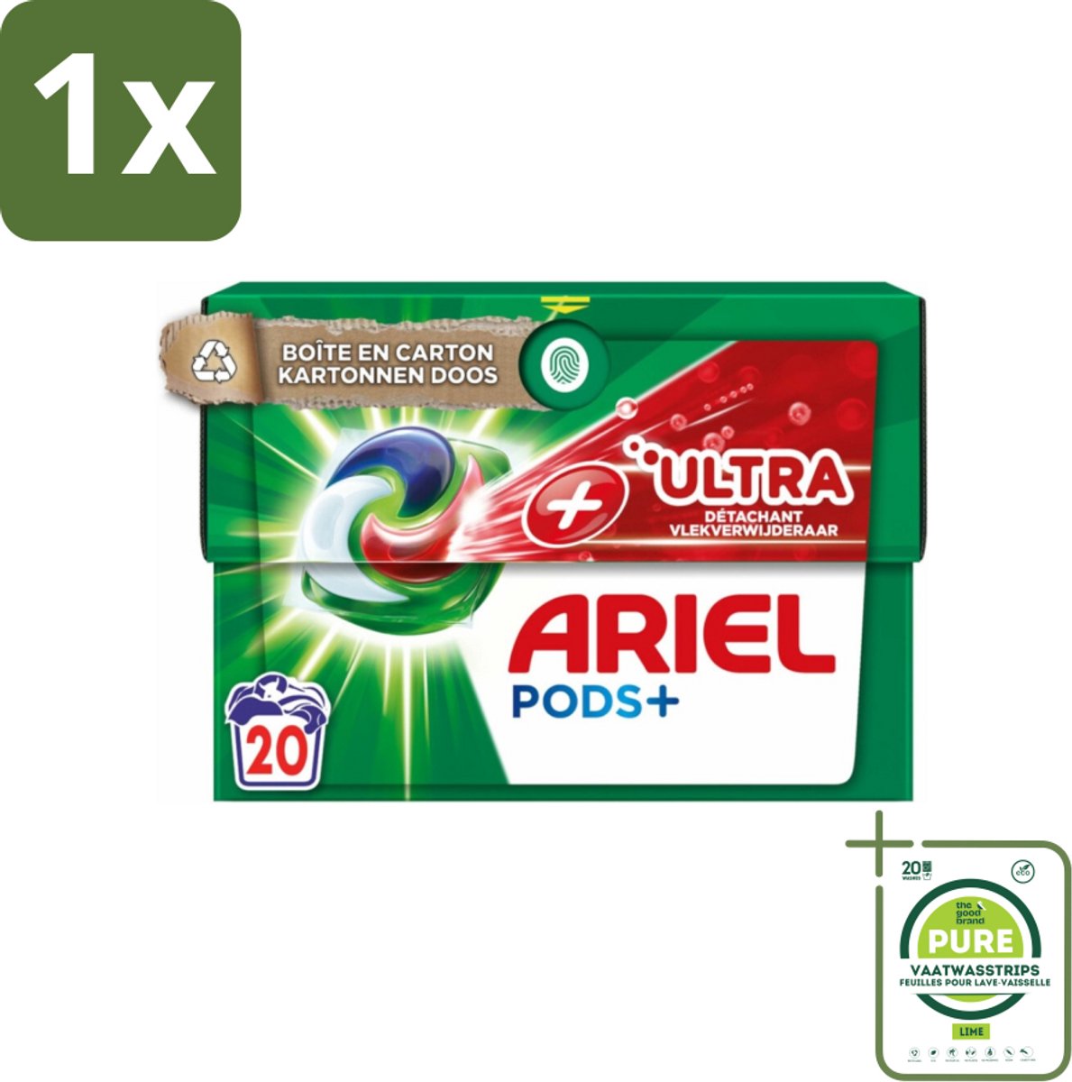 1 x Ariel +Ultra - Vlekverwijderaar & Wasmiddelcapsules - Pods+ - Witte en Gekleurde Was - 20 Wasbeurten - Ariel Pods+ - Wasmiddelcapsules - Vlekkenverwijderaar - Wasmiddel - Wascapsules