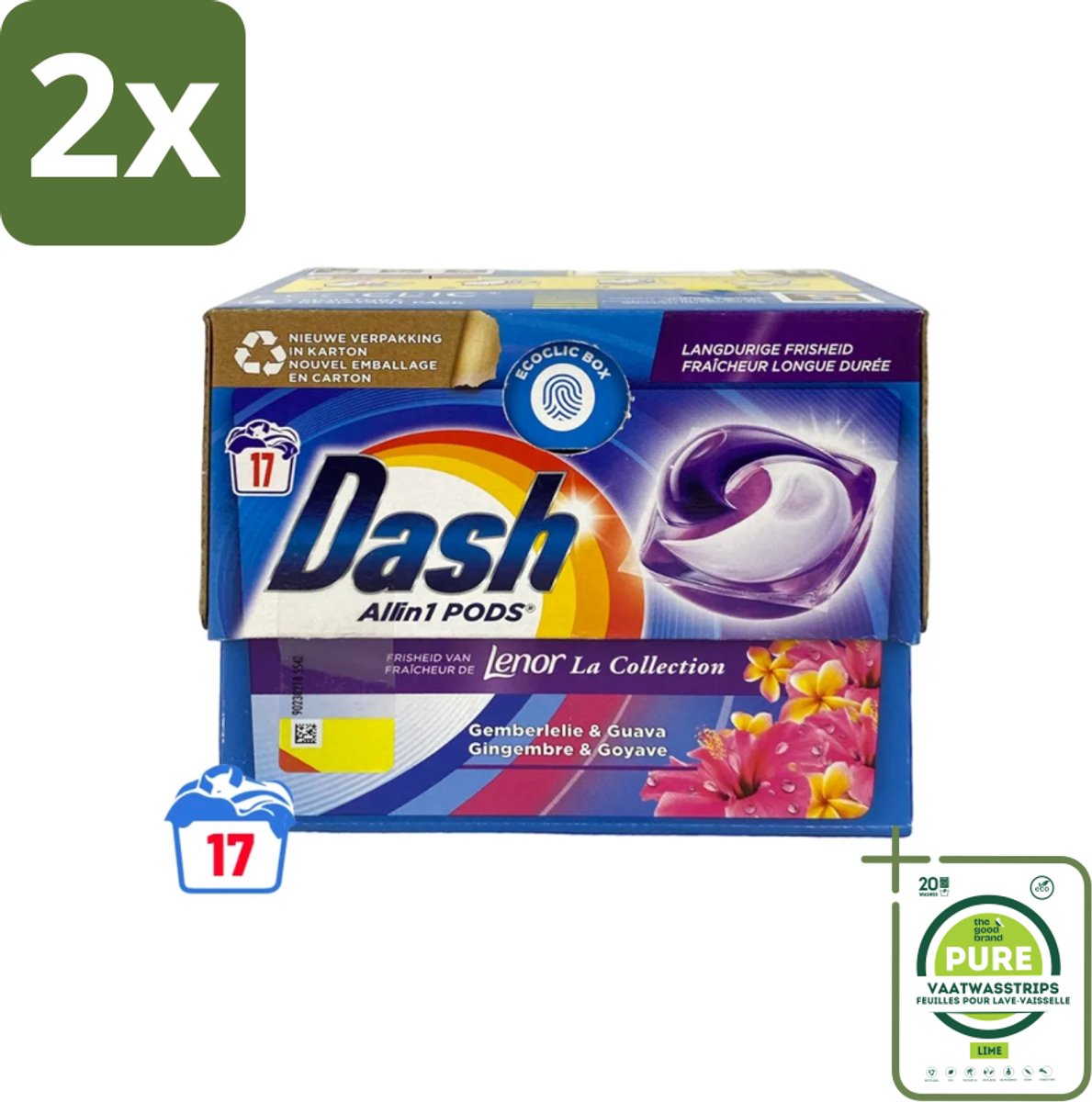 Dash - Lenor Collectie - Wasmiddel Capsules - All-in-1 Pods - Witte en Gekleurde Was - Gemberlelie & Guava - 17 Wasbeurten - Voordeelverpakking - 2 stuks - Wasmiddel capsules - Waspoeder capsules