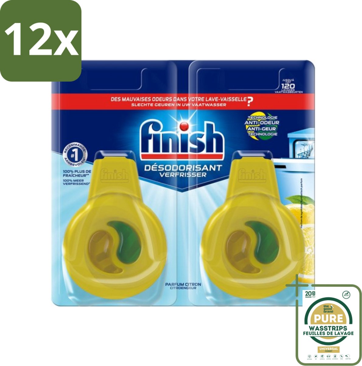 Finish Deo Odorstop - Vaatwasverfrisser - Citroen Parfum - Anti-geur - Tot 120 Afwasbeurten - Voordeelverpakking - 12 stuks - Geurbeheersing - Citroen