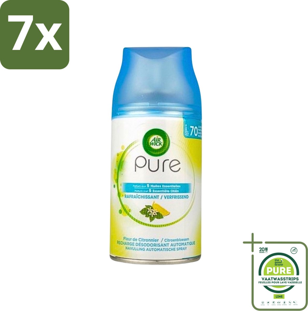 7 x Air Wick Freshmatic - Luchtverfrisser Navulling - Pure Essentiële Oliën Verfrissend - 250ml - Grootverpakking - Luchtverfrisser - Geurverspreider - Essentiële Oliën - Air Wick Freshmatic - Langdurige Geur