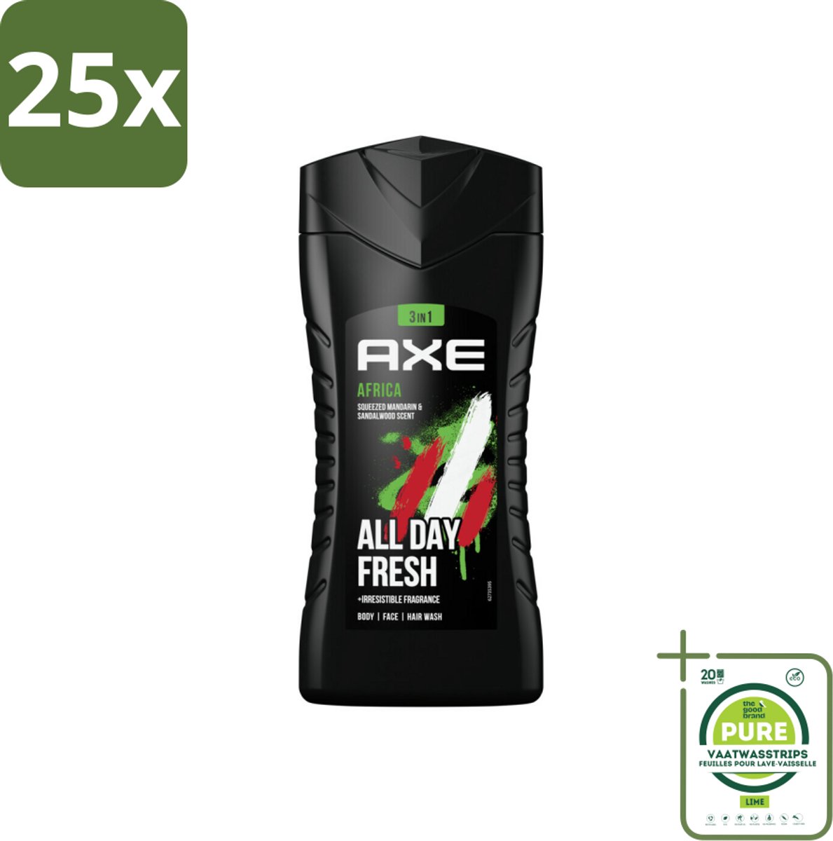 25 x Axe - 3-in-1 Douchegel - Africa - Squeezed Mandarin & Sandalwood - 12hrs Long Lasting Scent - 250 ml - Grootverpakking - Douchegel - Axe - 3-in-1 - Mandarijn - Sandelhout