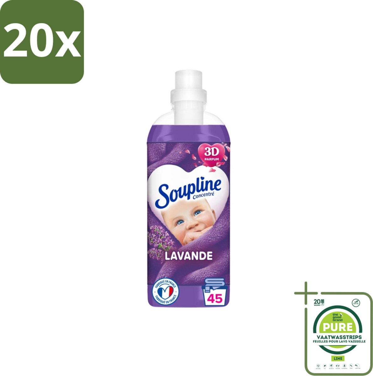 20 x Soupline - Wasverzachter - Lavendel - 45 Wasbeurten - 1L - Grootverpakking - Wasverzachter - Wasverzachter Lentebloesem - Zachtheid - Frisheid - Geur