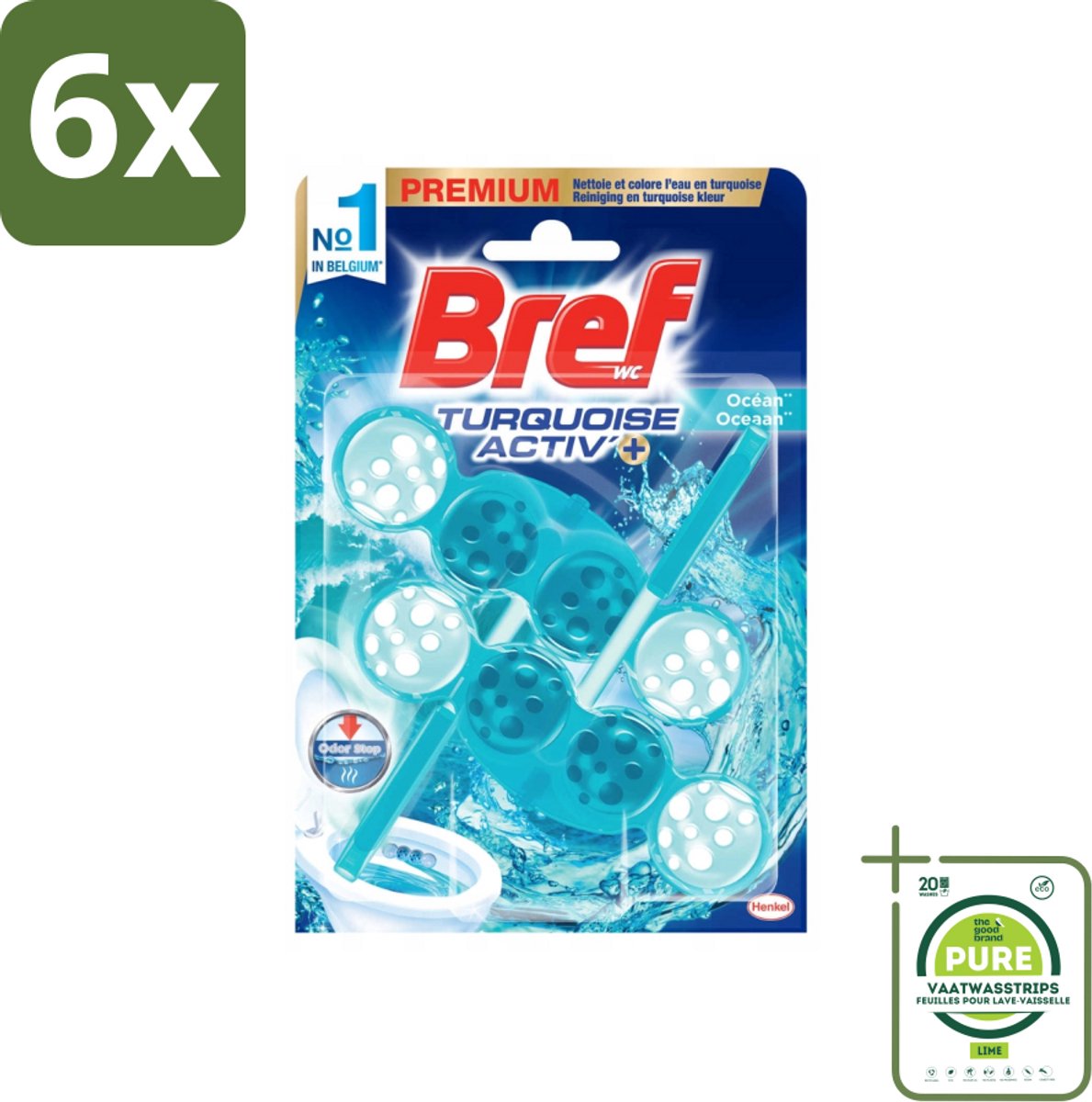 Bref WC - Turquoise Activ+ - Toiletblok - Oceaan - 2 Blokken - Voordeelverpakking - 6 stuks - Toiletblok - Toilet fris
