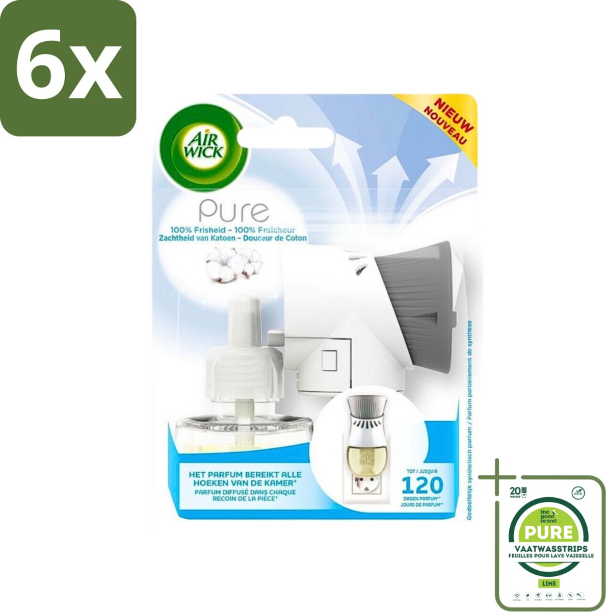 Air Wick Elektrische Geurverspreider - Starterkit - Pure Zachtheid van Katoen - 19ml - Voordeelverpakking - 6 stuks - Elektrische geurverspreider - Katoen geur