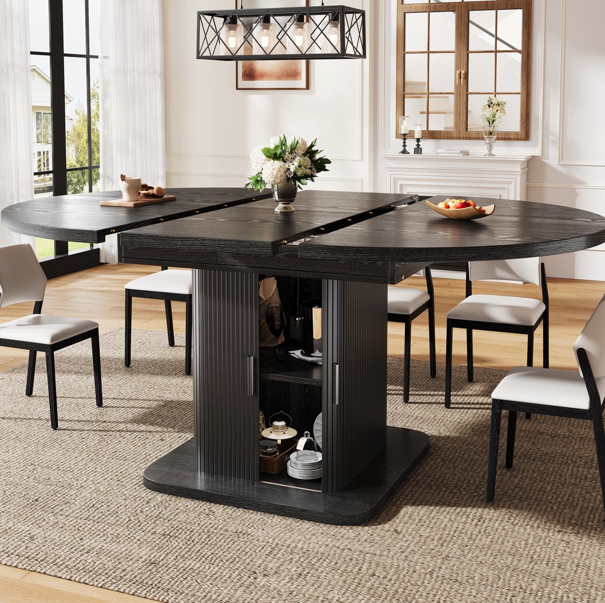 COVREO Uitschuifbare eettafel 149,8x110x75 cm zwart MDF met opbergruimte
