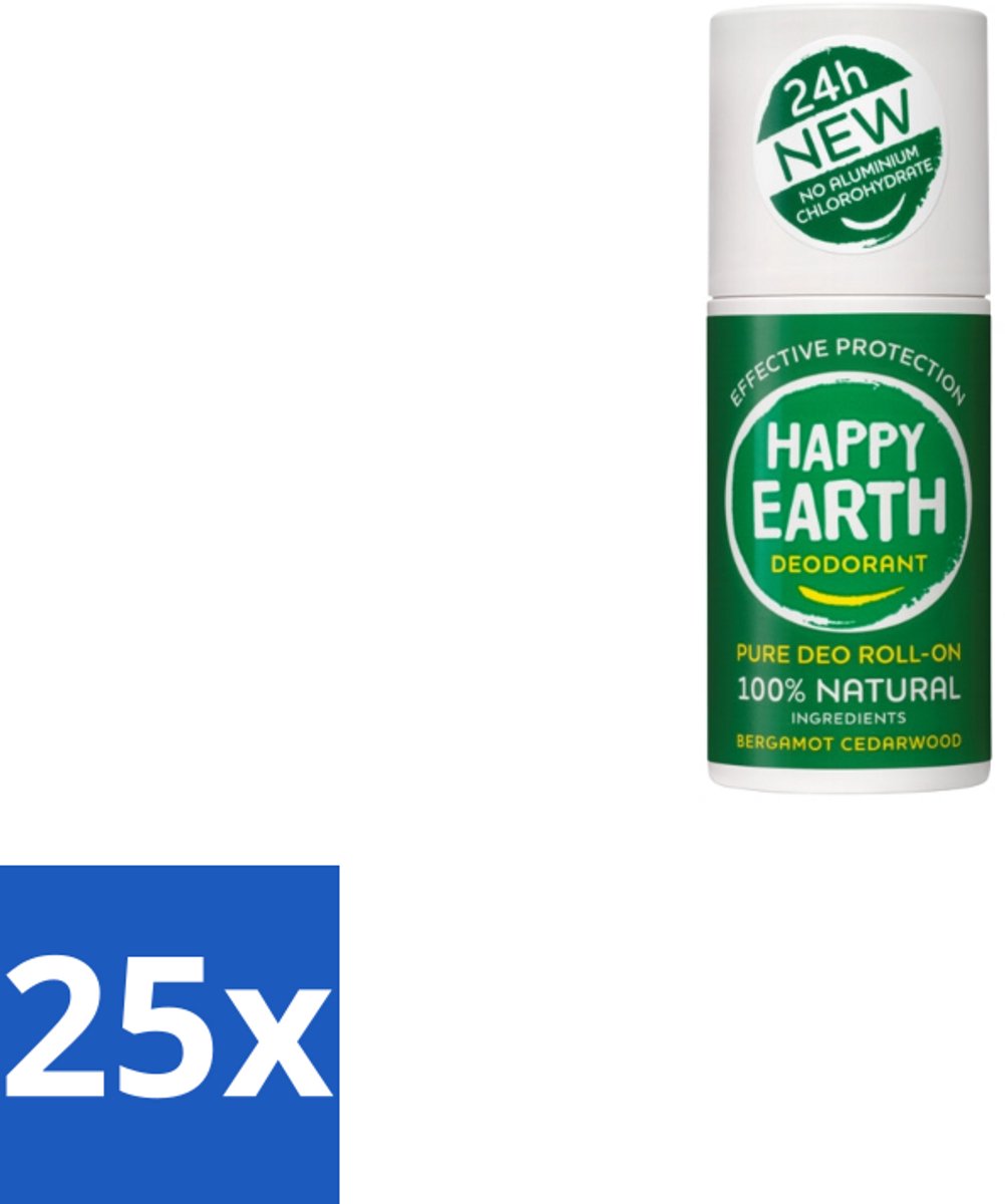 Happy Earth – Deodorant Roll-On – 100% Natuurlijk Bergamot Cedarwood – 75 ml - Bulkverpakking - 25 stuks