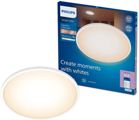 Philips Smart Lighting Superslim Plafondlamp - Warm- Tot Koelwit Licht Dimbaar Diameter: 55cm Wit 32w Rond Werkt Met De WIZ App Wifi