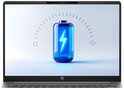 Laptopscherm met een 3D-rendering van een blauwe batterij met een bliksemschicht.