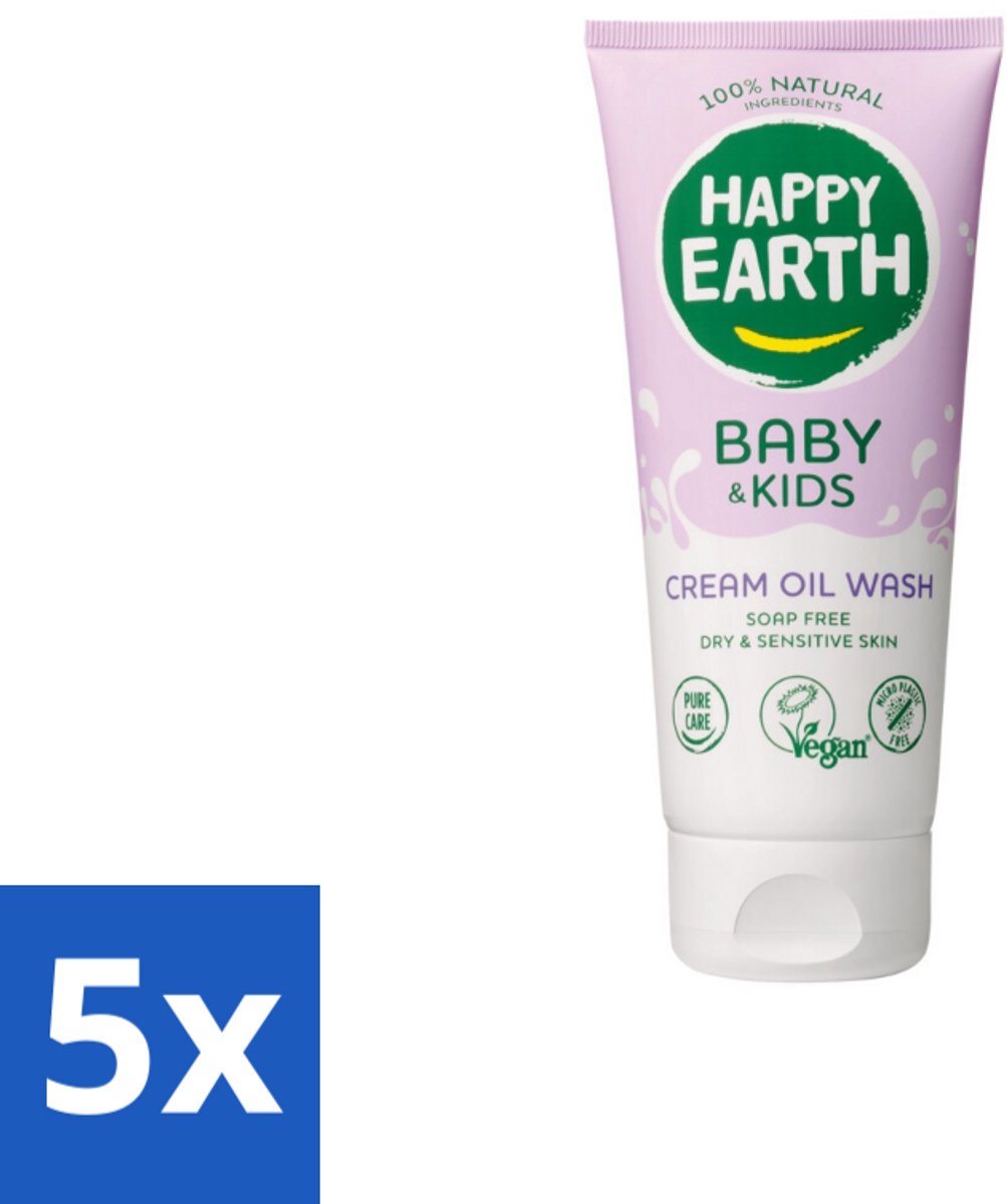 Happy Earth – Cream Oil Wash – 100% Natuurlijk Baby & Kids – 200 ml - Bulkverpakking - 5 stuks
