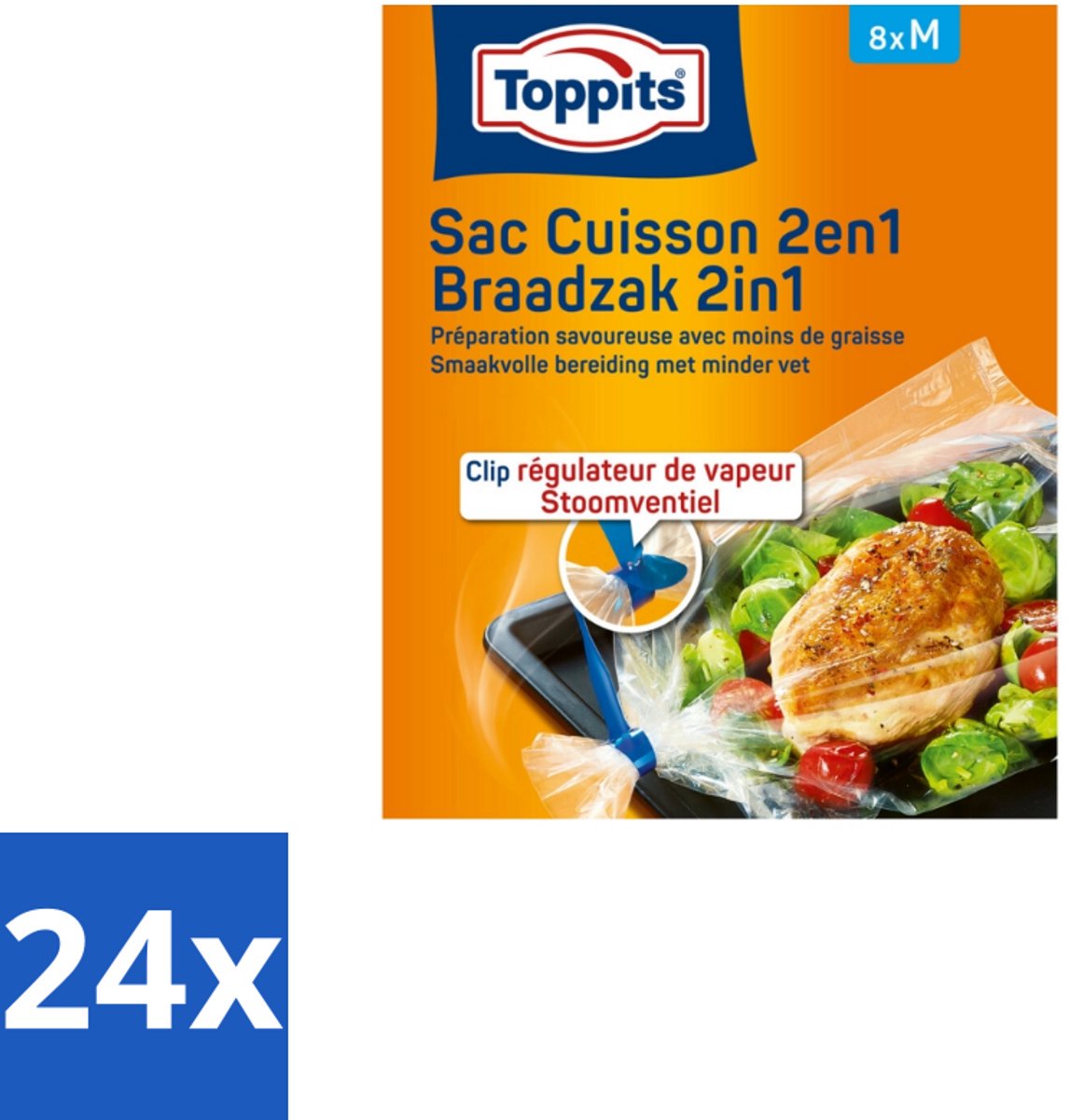 Toppits – 2-in-1 Braad- & Stoomzakken – Maat M – 8 Zakjes - Voordeelverpakking - 24 stuks