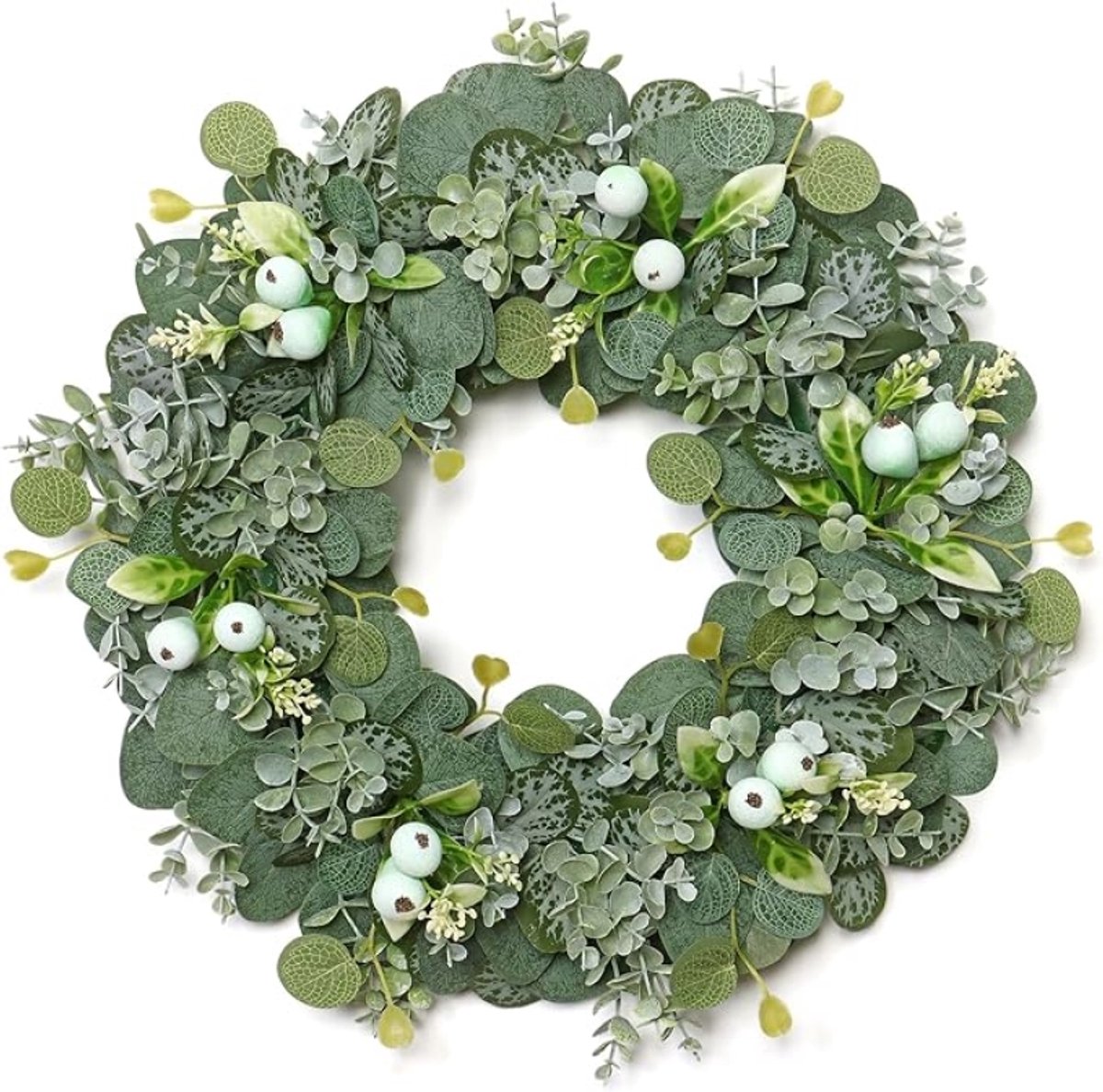 Eucalyptus Krans met Bessen 46 cm - Groene Deurkrans - Kunstmatige Hangende Krans voor Binnen & Buiten - Lente, Zomer, Herfst en Winter Decoratie