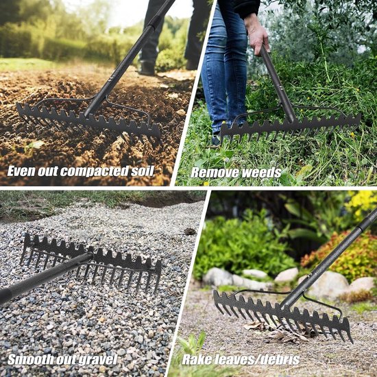 195 cm Tuinhark met 17 Tanden, Verstelbare Hark voor Grond, Bladeren en Grind, Stevige Tuinaccessoire — afbeelding 4