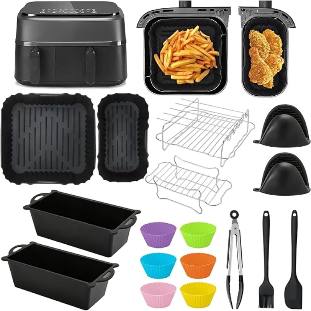 Heteluchtfriteuse accessoireset voor Philips Dual Basket Airfryer 3000-serie 6L/3L - 22 stuks siliconen vormen, grillrooster en bakaccessoires