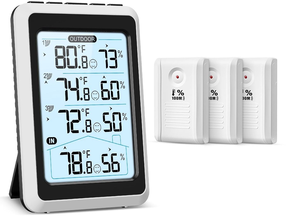 Wifi-thermometer - Zwart - Draadloze Binnen- en Buitenthermometer met 3 Sensoren - Temperatuur- en Vochtigheidsmeter voor Thuisgebruik
