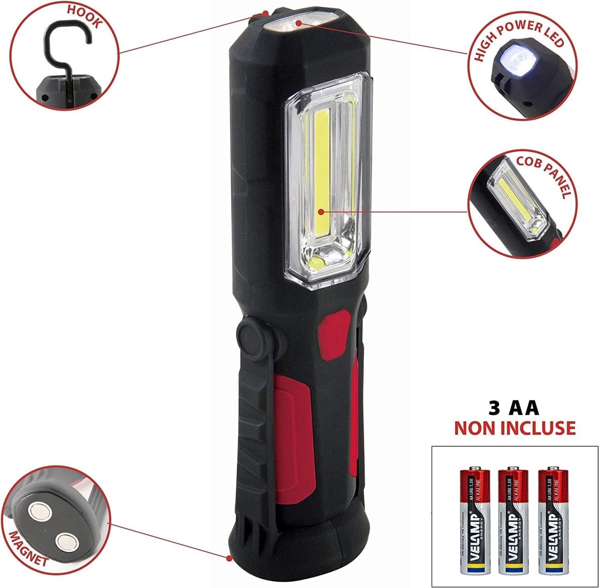 Militaire zaklamp - Zilver - Verstelbare COB 3W Werklamp en Zaklamp met Haak en Magneet - Draagbare Werkverlichting
