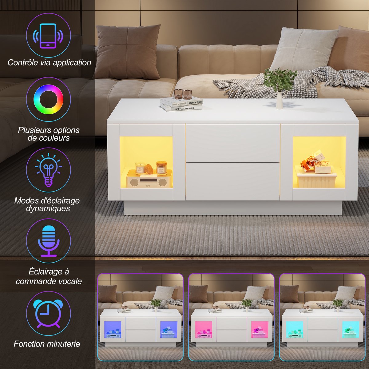STILVORA Salontafel - Hoogglans Wit Met LED Verlichting En App Bediening - Met Opbergruimte - MDF - 100x50x40 Cm