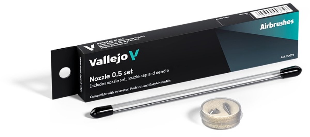 Vallejo Hobbypenseel - 90024 Complete Nozzle Set 0,5 mm voor Innovator, Profinish - EasyAir Airbrush - Naald, Nozzle en Nozzle Cap Accessoires set
