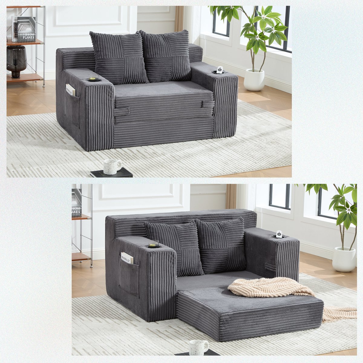 MIVRAY Slaapbank 2-Zits 151 x 133 x 64 cm - Uitklapbaar Met Opbergvakken, Kussens En Bekerhouder - Voor Woonkamer - Ribfluweel Grijs