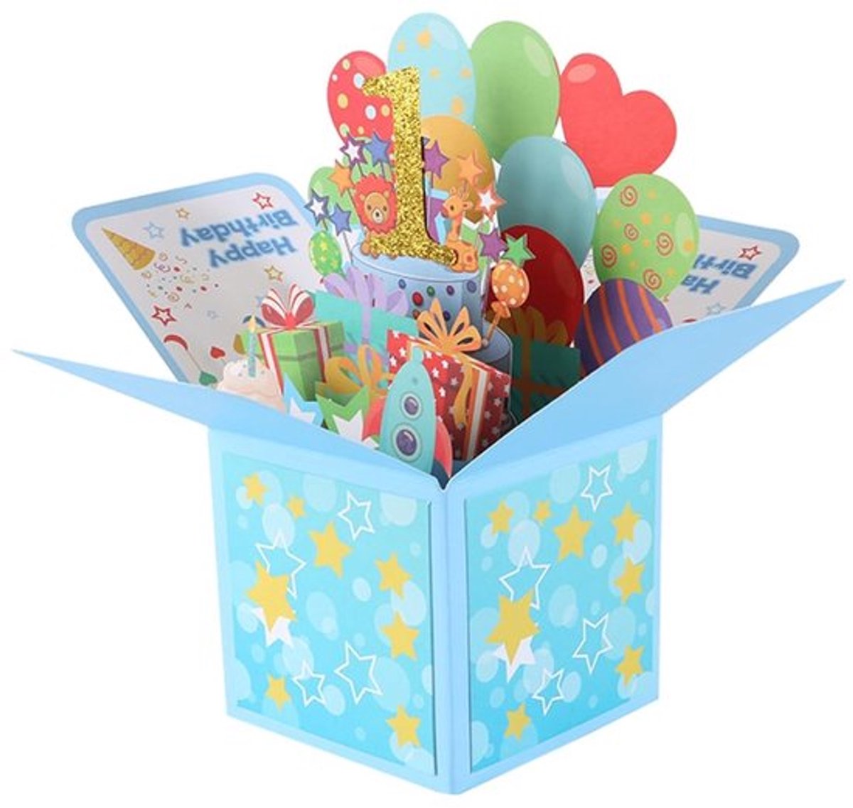 Verjaardagskaart 3D pop-up - Eerste Verjaardag - Met Envelop - Schattige Ballonnen - 23x17,9 cm - Geschikt voor Jongens/Meisjes - Wenskaart