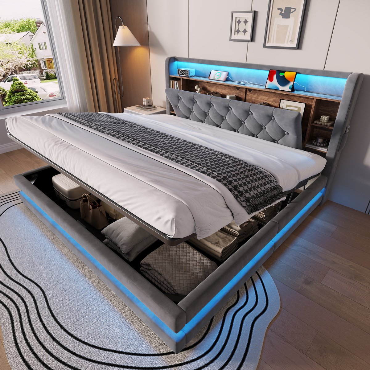 OKWISH Gestoffeerd Bed 180 X 200 Cm Zonder Matras Met Opbergruimte En Verlichting - Bed Met Multifunctioneel Hoofdbord - Donkergrijs