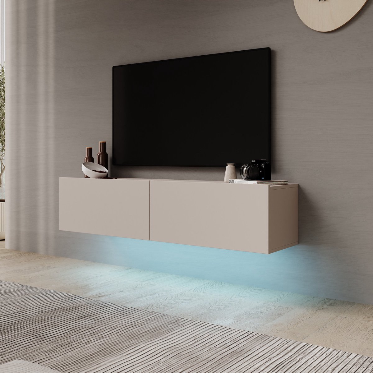 Meubella - Gelvio - TV-Meubel met LED - Beige - 144x32x32 cm