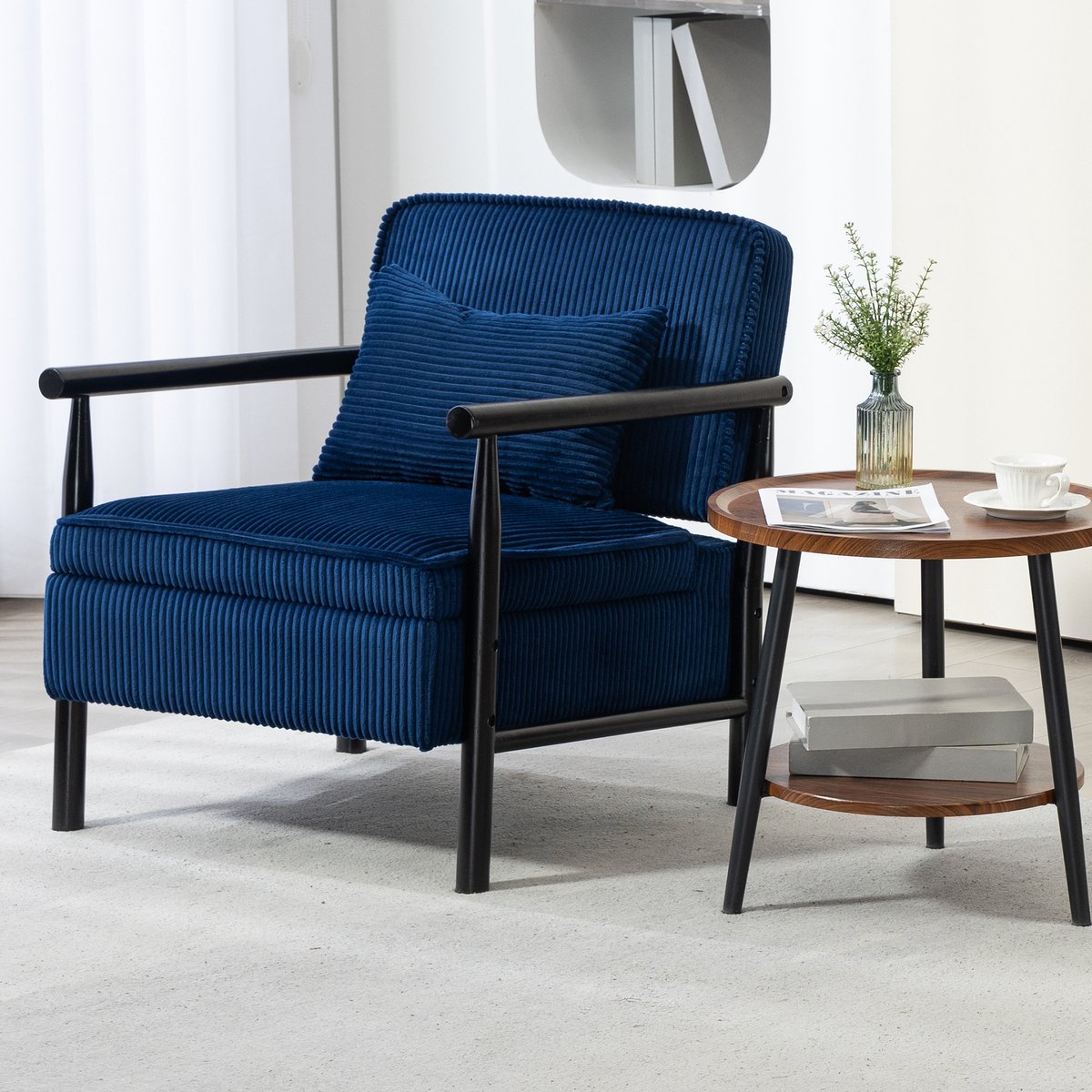 REDOM - Fauteuil - Hoge rug met lendekussen - Armleuningen en opbergzitting - Moderne stijl - Woonkamer of leeshoek - Velvet en metaal - Blauw - 61 x 80 x 71,9 cm