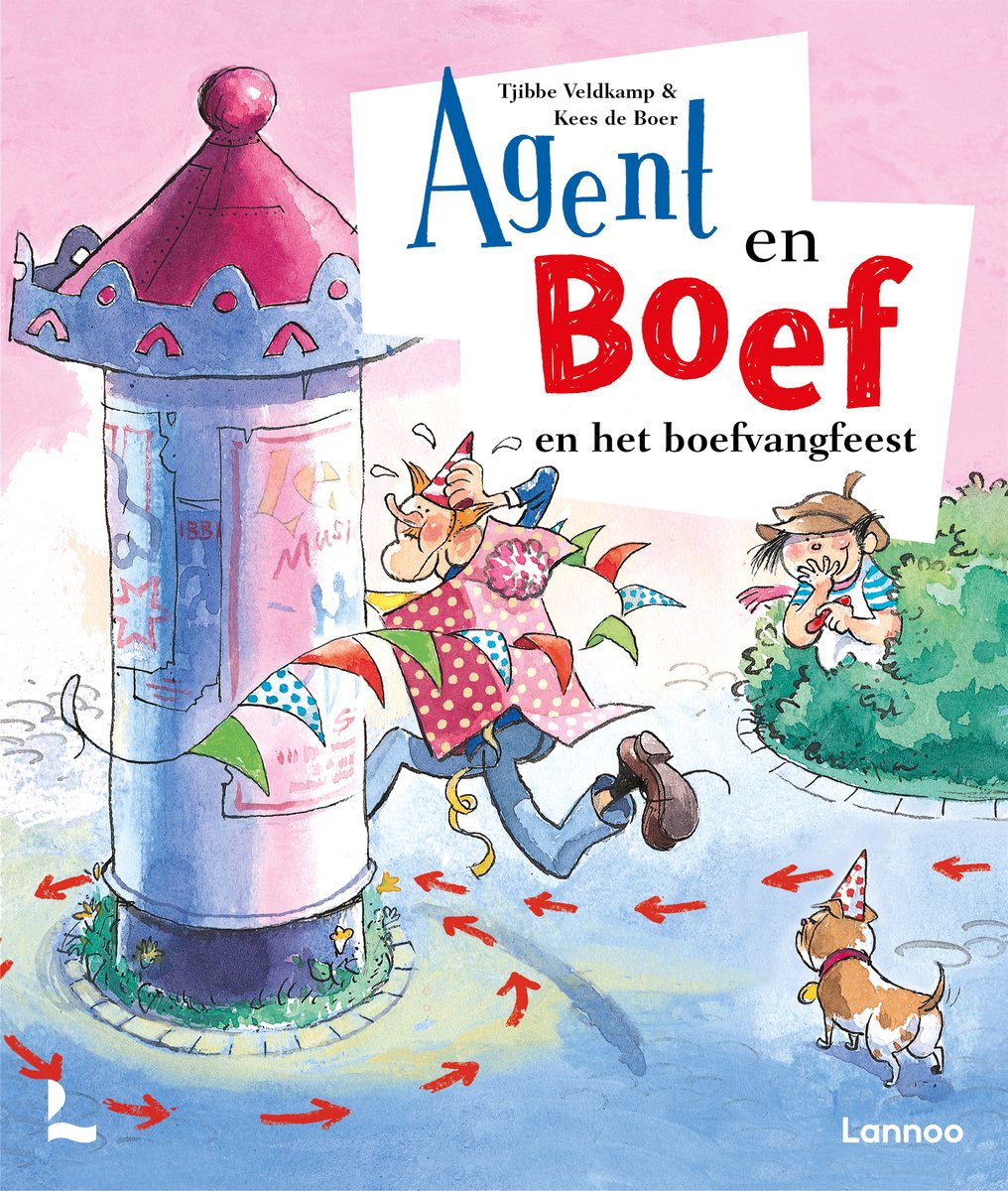 Een cartoonillustratie van een agent, een boef, een hondje en een jongetje in een park. De agent met een grote neus draagt een vrolijk gekleurd jasje. Rode pijlen op de grond geven de richting aan.