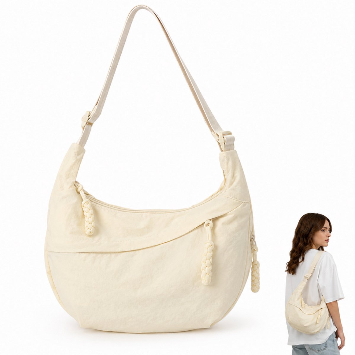 Tas-Modieuze Crescent Crossbody Tas -Dames heuptasje-Nylon Schoudertas Dames - Lichtgewicht Hobo Bag voor Dames - Dumpling Tas voor Reizen en Outdoor - Multifunctionele Handtas met Gesp -gebroken wit